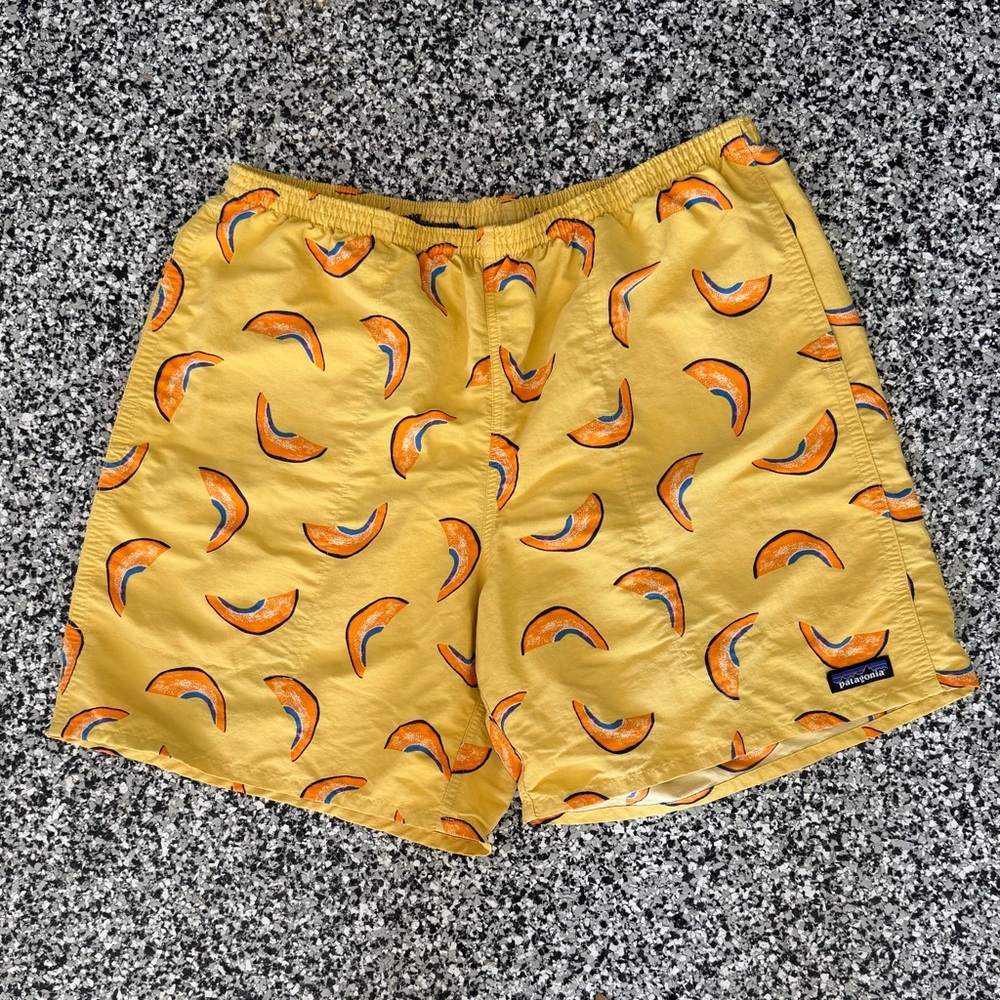 Patagonia Yellow Swim Shorts with Cantaloupe Print